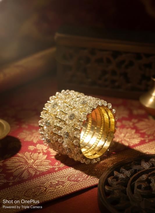 Traditional Gold Textured Bangle with Stone Beads for Women | Wedding Party Wear Jewelry