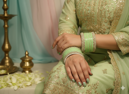 Women's Green Plastic Bangles with Golden Embellishment | Lightweight Party Wear Jewelry