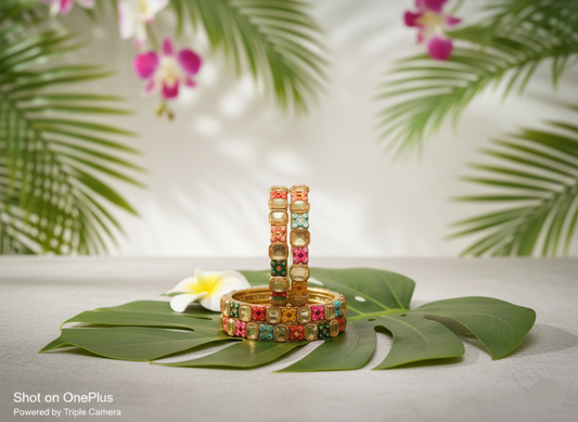 Multicolor Kundan stone Glass Bangles for Women| Golden Base| Traditional Ethnic Wedding Bridal Chuda Set