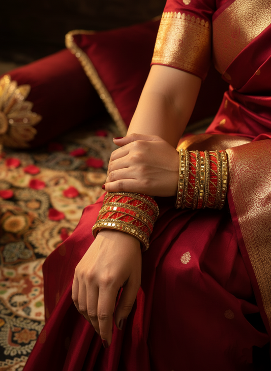 Premium Red Gold Bridal AD Stone Bangles Set for Women & Girls – Designer Wedding Kada Jewelry in Luxury Showcase Style| Set Of 12 Bangles