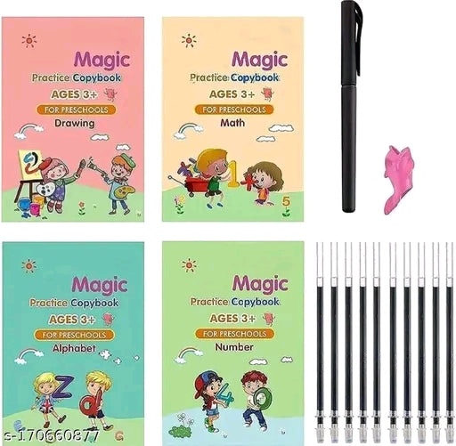 Sank Magic Practice Copybook for Kids - Reusable Handwriting Workbook Set (4 Books: Alphabet A-Z, Patterns, Numbers + Pen)