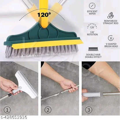 2 in 1 Floor Scrub Brush with Wiper Long Handle | 120° Rotation Bathroom Floor Cleaner Brush V Shaped Double Bristles Magic Mop Wiper for Tiles Kitchen | No Bending Heavy Duty