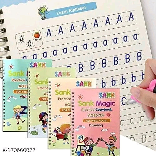 Sank Magic Practice Copybook for Kids - Reusable Handwriting Workbook Set (4 Books: Alphabet A-Z, Patterns, Numbers + Pen)