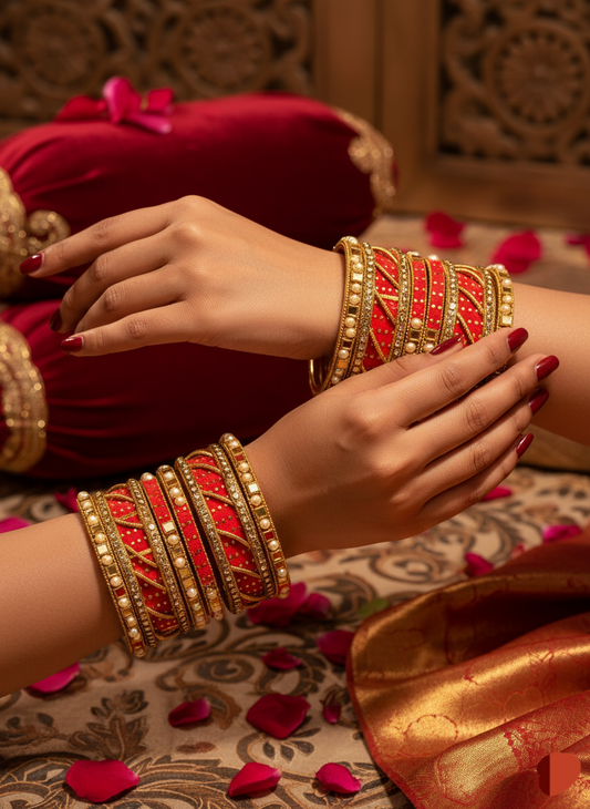 Premium Red Gold Bridal AD Stone Bangles Set for Women & Girls – Designer Wedding Kada Jewelry in Luxury Showcase Style| Set Of 12 Bangles